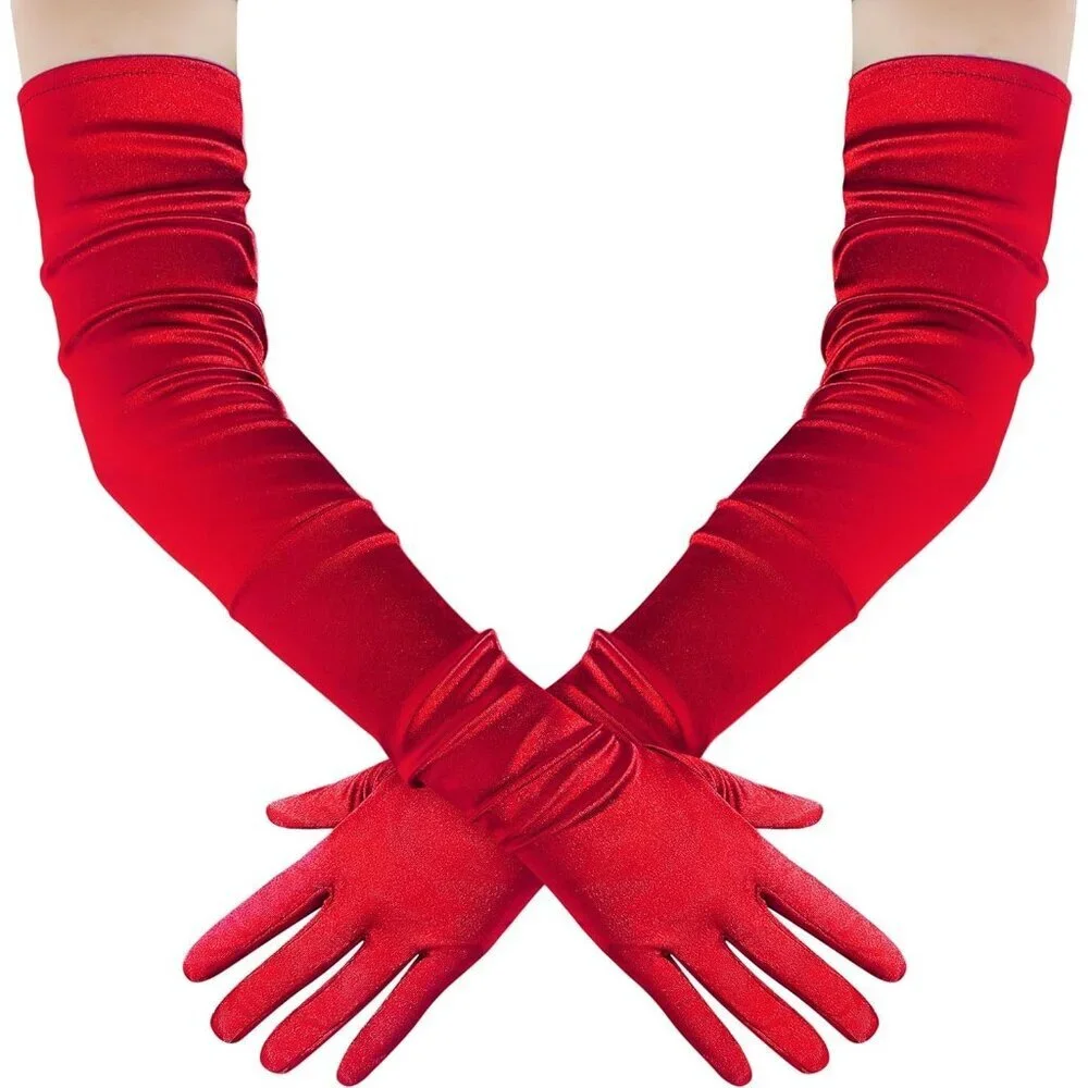 Women's Long Satin Gloves Dark Red Stretchy Upper Arm Length Costume Design